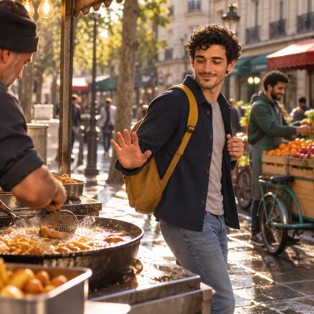 Sam steps back from the fry stall, body angled away, with one palm toward the sizzling pan.