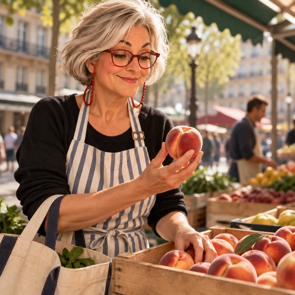 A close-up of Odile's hands lifting a peach from a crate to inspect it.