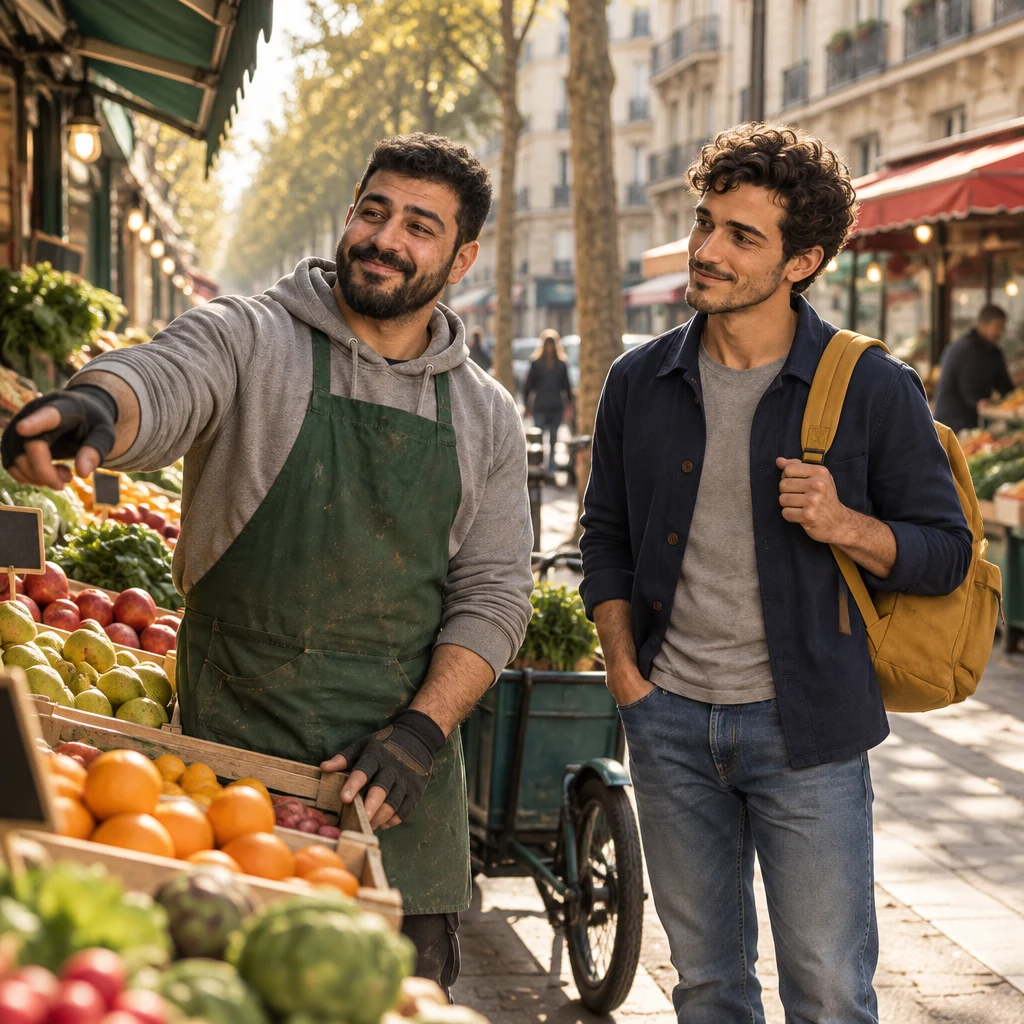 Karim stands beside his cargo bike with one hand on a crate and the other pointing at his own stall while Sam looks on.