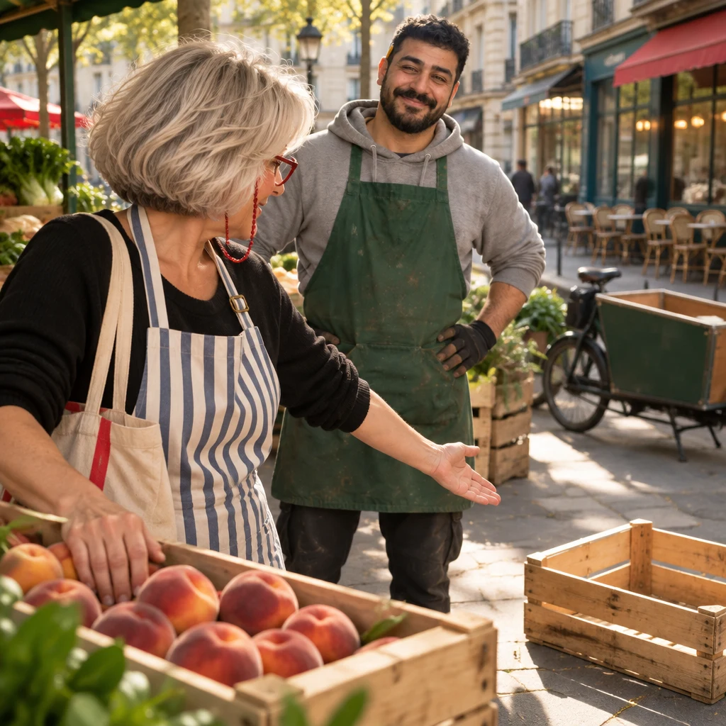 Over Odile's shoulder, Odile turns from the peaches toward an empty crate with an open-handed gesture while Karim waits at the stall.