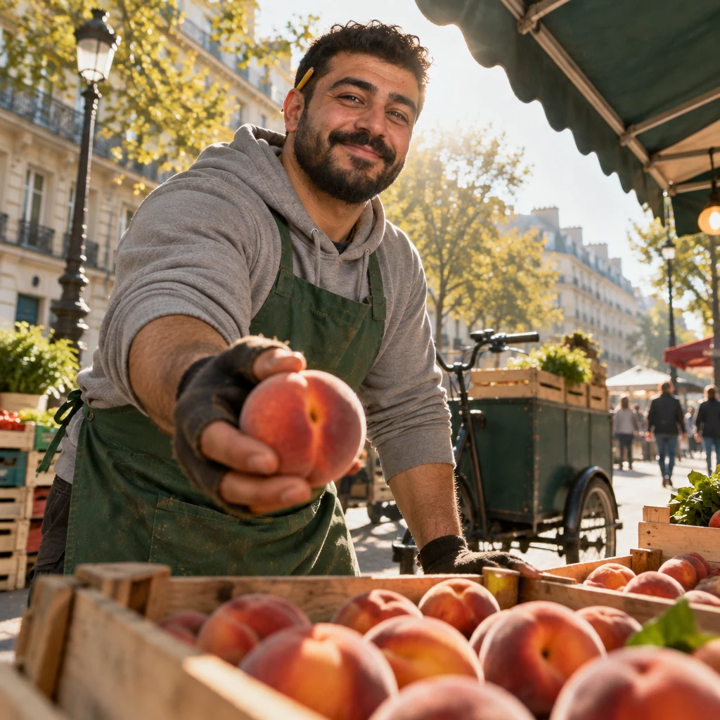 From a low angle, Karim leans over a crate and holds out a piece of fruit in a generous vendor gesture.