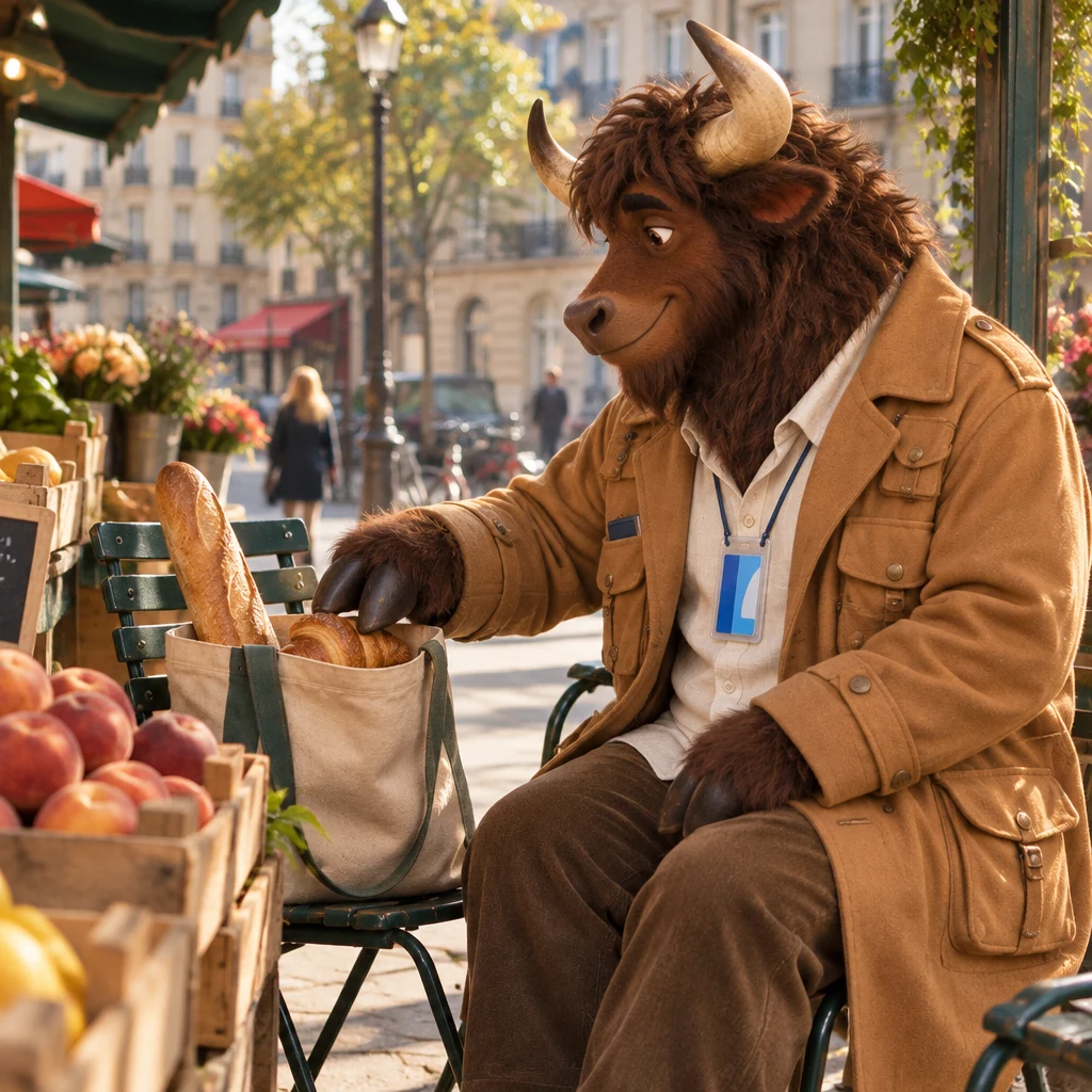 In profile, Gaspard sits on two chairs at the stall and reaches toward a croissant in a tote, a baguette sticking out beside it.