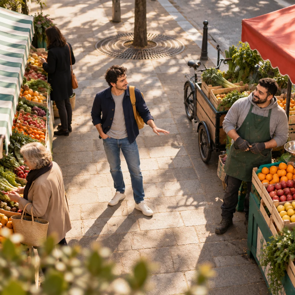 From high above, Sam stands in the boulevard turned between Karim's stall and the next stall, one hand hovering as if choosing which is nearer.