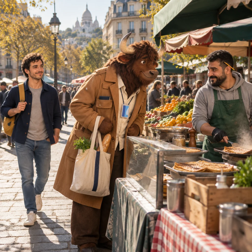 A wide Saturday-morning boulevard market with Karim at sunlit fruit crates, a galette stall steaming beside him, Gaspard at the counter with a tote and baguette, and Sam walking up.
