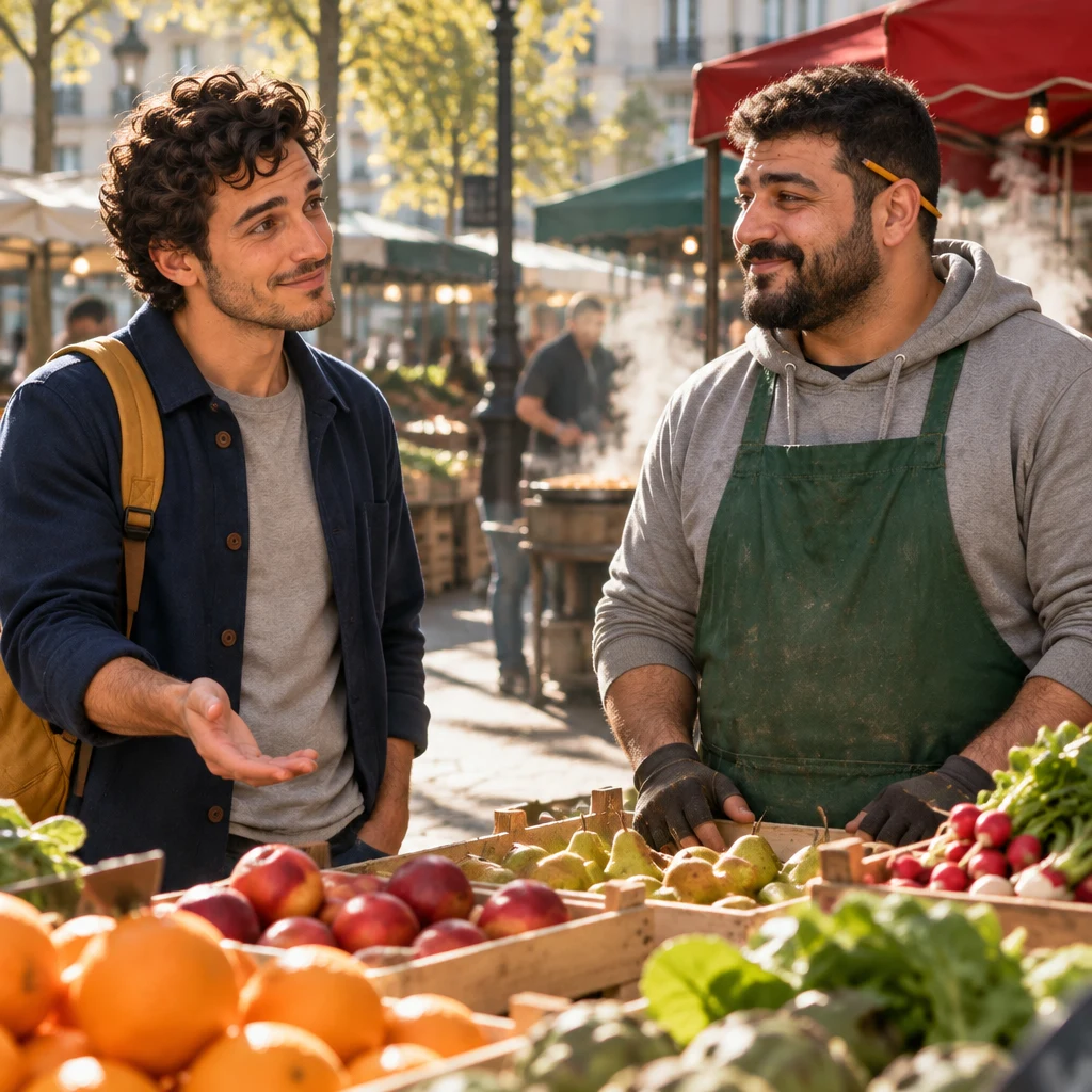 Sam stands across Karim’s sunlit fruit crates with an open hand toward the produce, asking what is in season.
