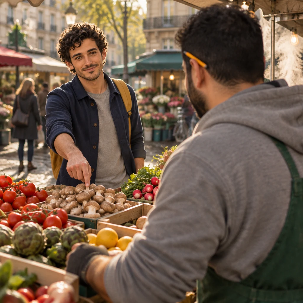 Over Karim’s shoulder, Sam points at one pile of mushrooms and fruit at the stall.