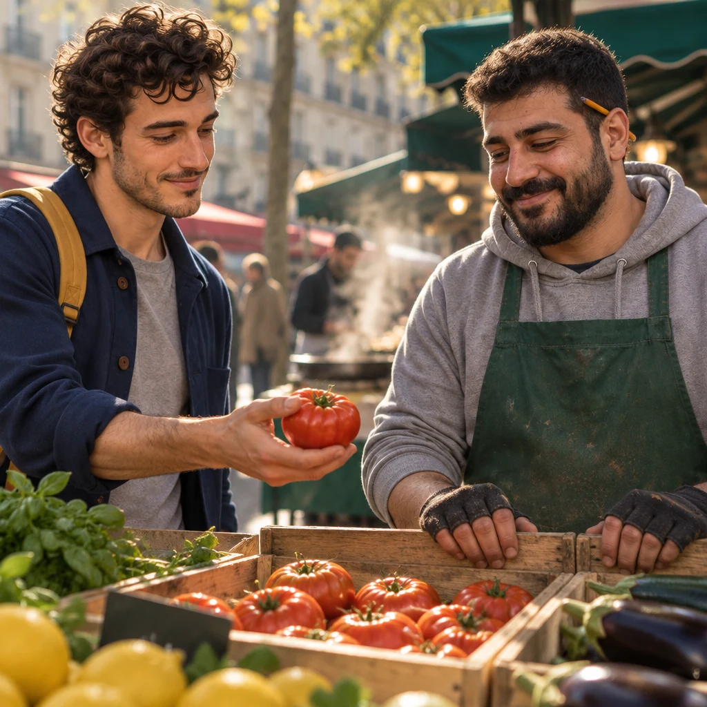 Sam holds a piece of fruit toward Karim and pauses to ask how much it is a kilo.