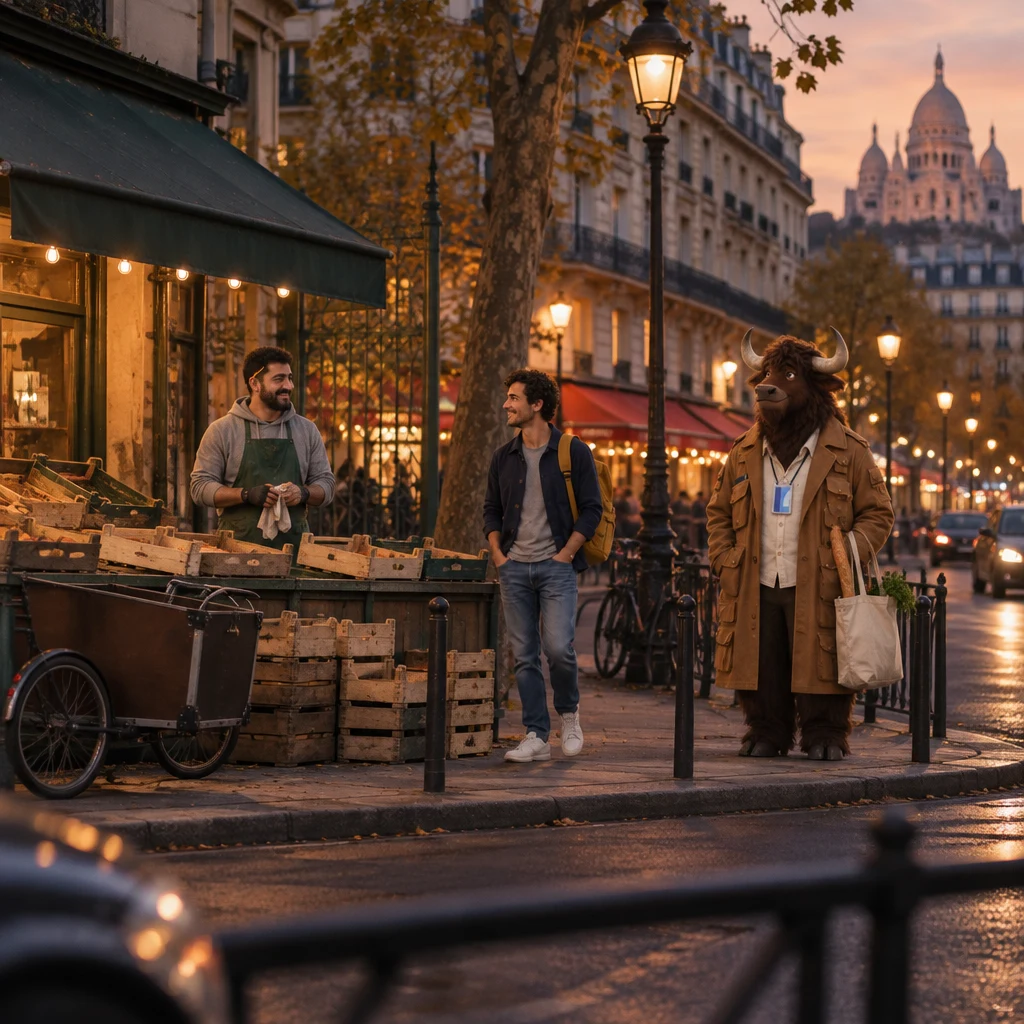 On a Paris boulevard at dusk, Karim stands behind a nearly empty fruit stall with a cargo bike beside it, Sam walks up with a mustard backpack, and Gaspard waits by the crates with a baguette in a canvas tote.