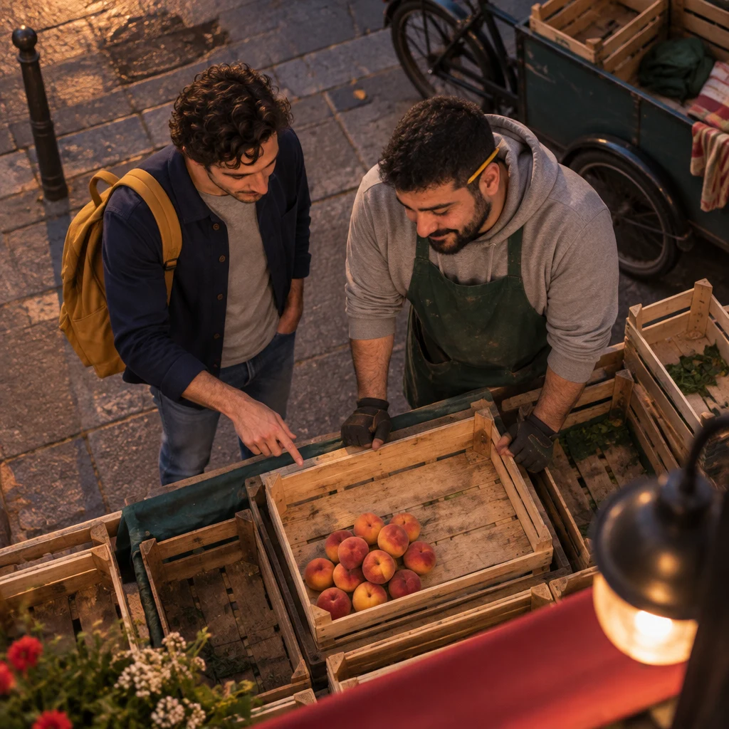 From above, leftover peaches sit in a nearly empty crate as Sam points at them for a kilo while Karim looks on from behind the stall.