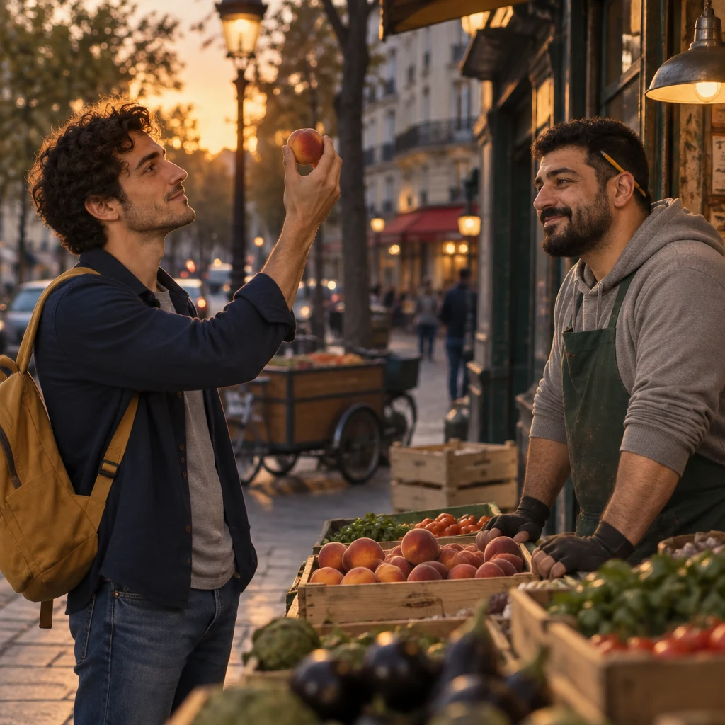 In profile, Sam holds a peach up to the dusk light to check that it is ripe while Karim waits across the stall.
