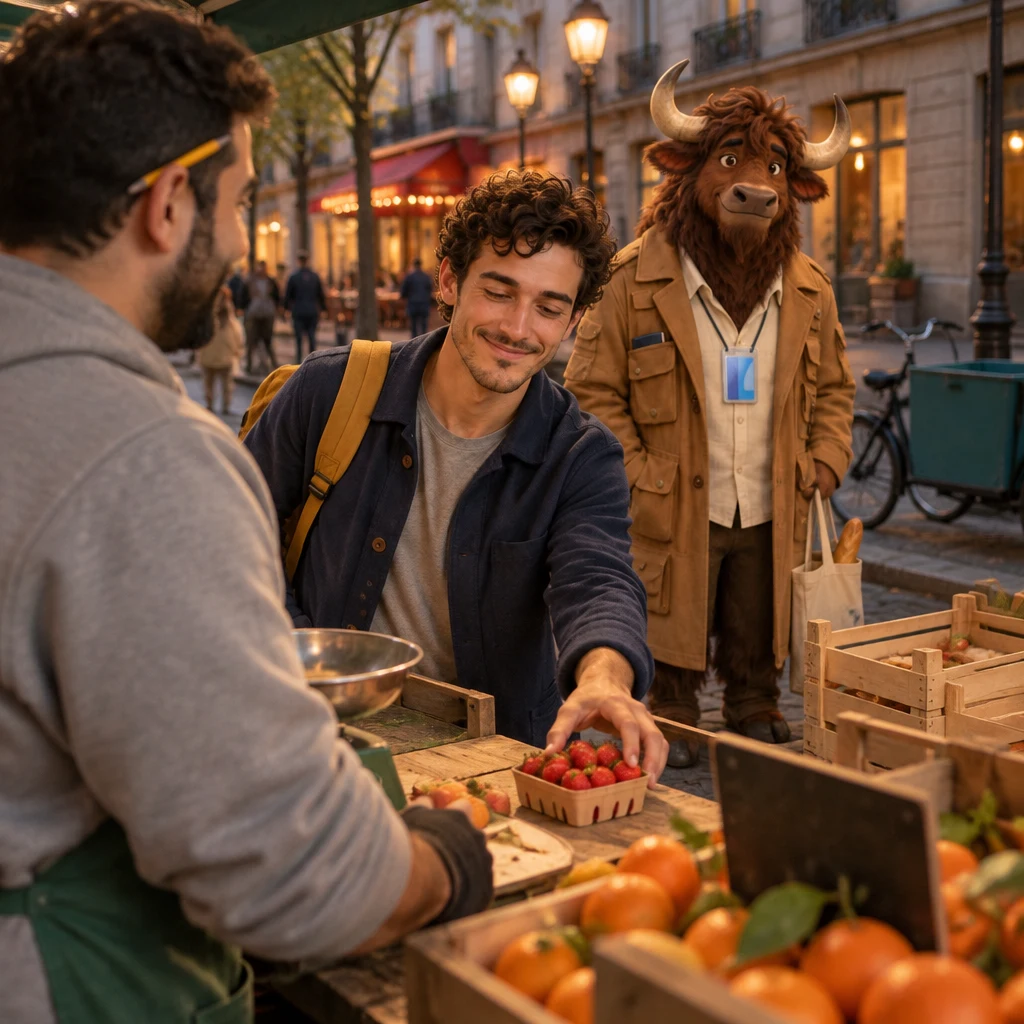 Over Karim's shoulder, Sam reaches toward a small punnet of strawberries on the stall while Gaspard waits by the empty crates.