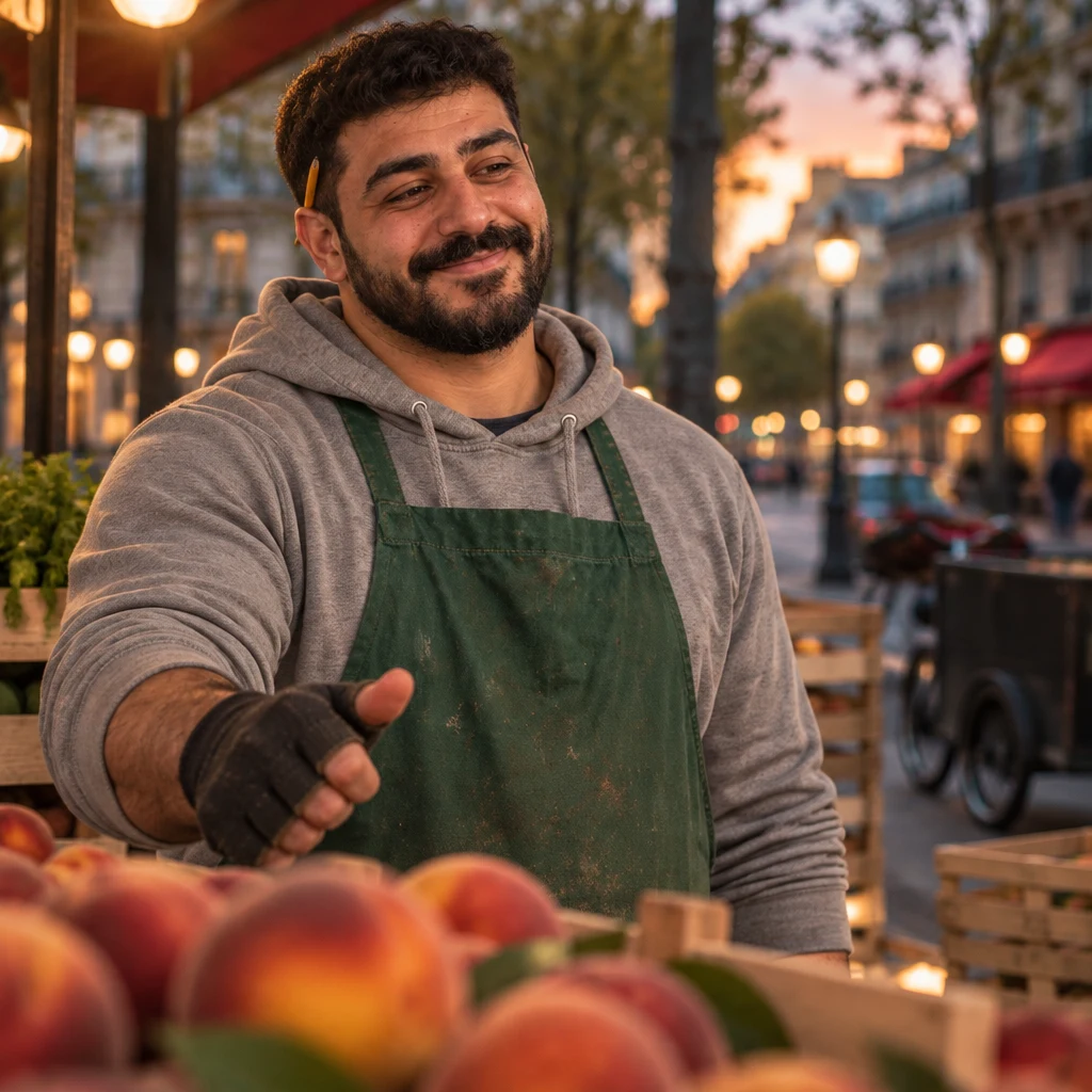 Close on Karim nodding toward the leftover peaches after hearing they are to eat today.