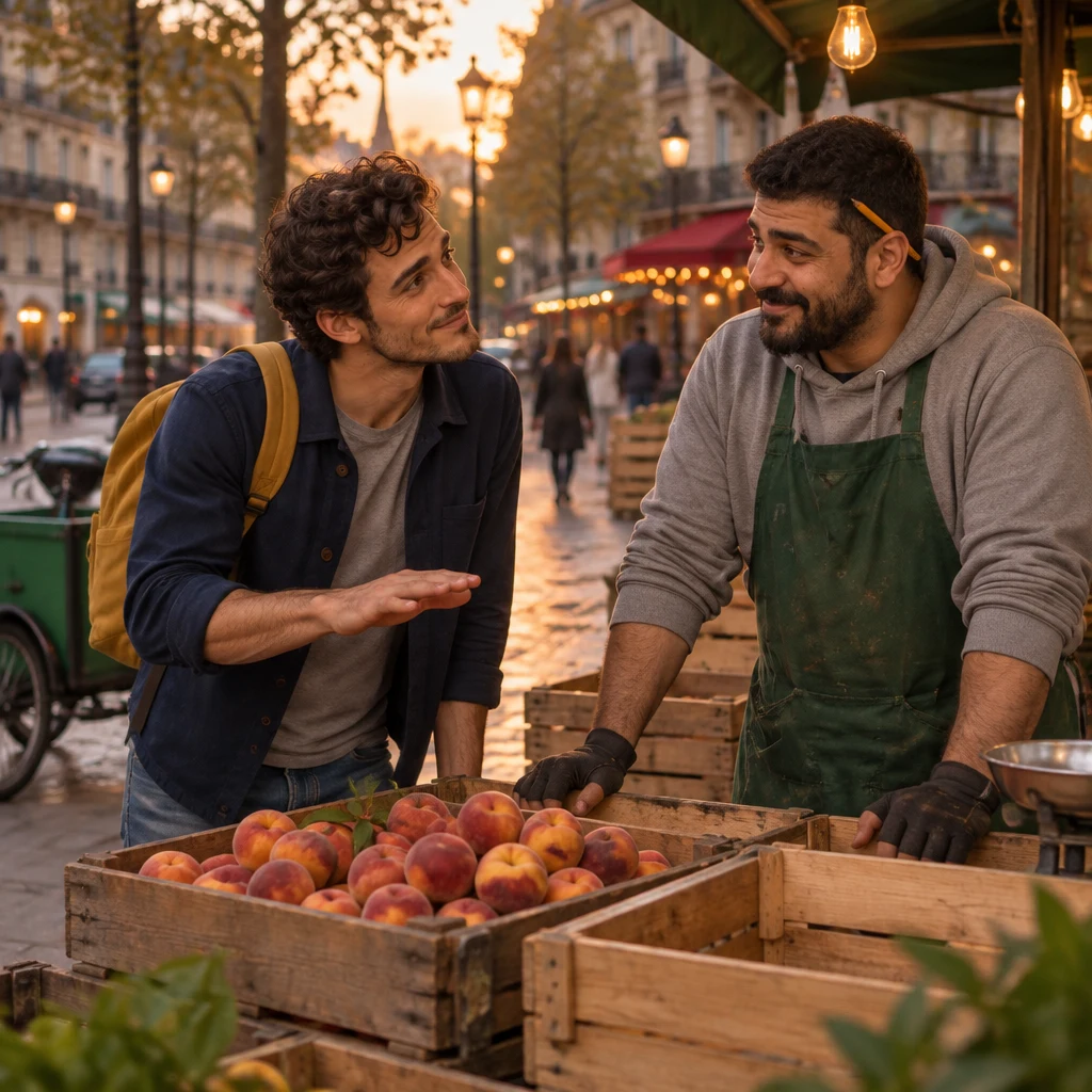 Sam leans across the stall toward Karim with a small lowering hand gesture, bargaining, the cargo bike beside the empty crates.