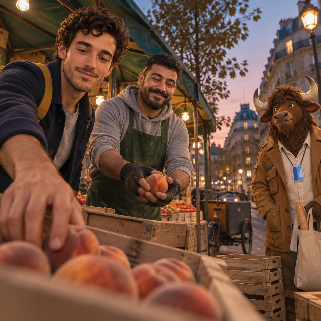 From a low angle beside a crate, Sam reaches for the last peaches while Karim gathers extra ones and Gaspard waits nearby.