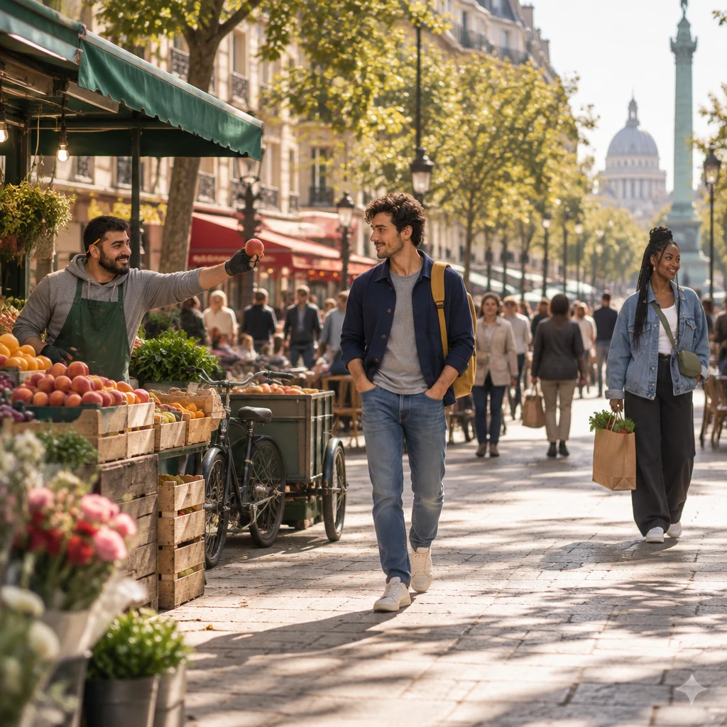 Karim waves a peach from the fruit stall as Sam walks past on the boulevard and Inès stands in the crowd with a shopping bag.