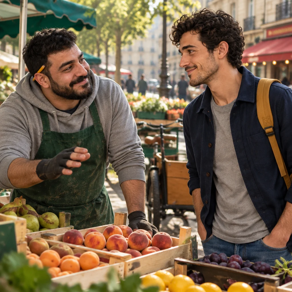 Karim leans in over the fruit crates toward Sam, passing on what was heard as if the crates might listen.