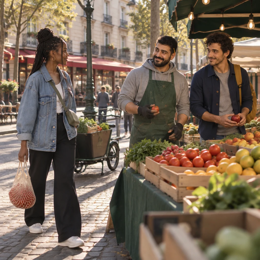 Inès walks up with a bag of tomatoes and looks from Karim to Sam.
