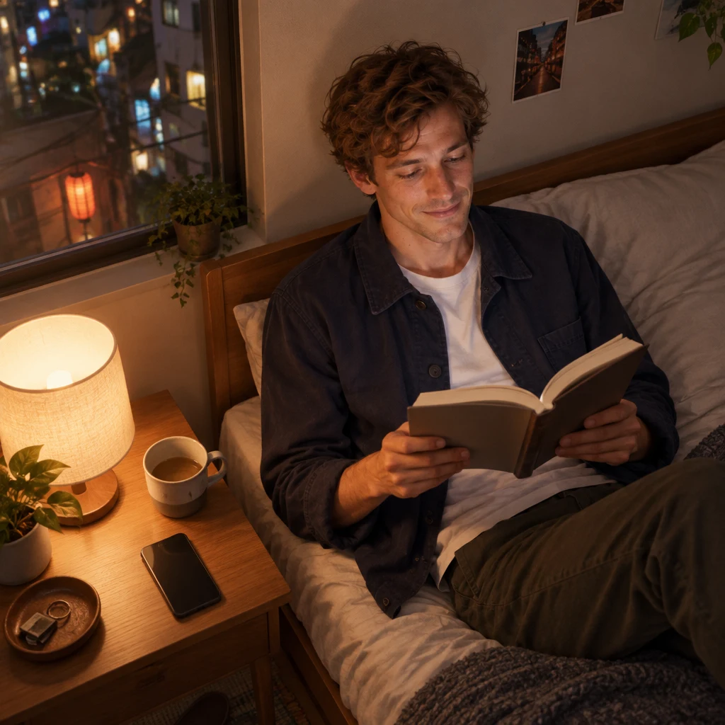 Leo reads an open book in the lamplight before bed.