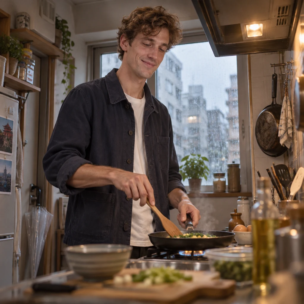 Leo cooks a simple meal for himself at his apartment stove.
