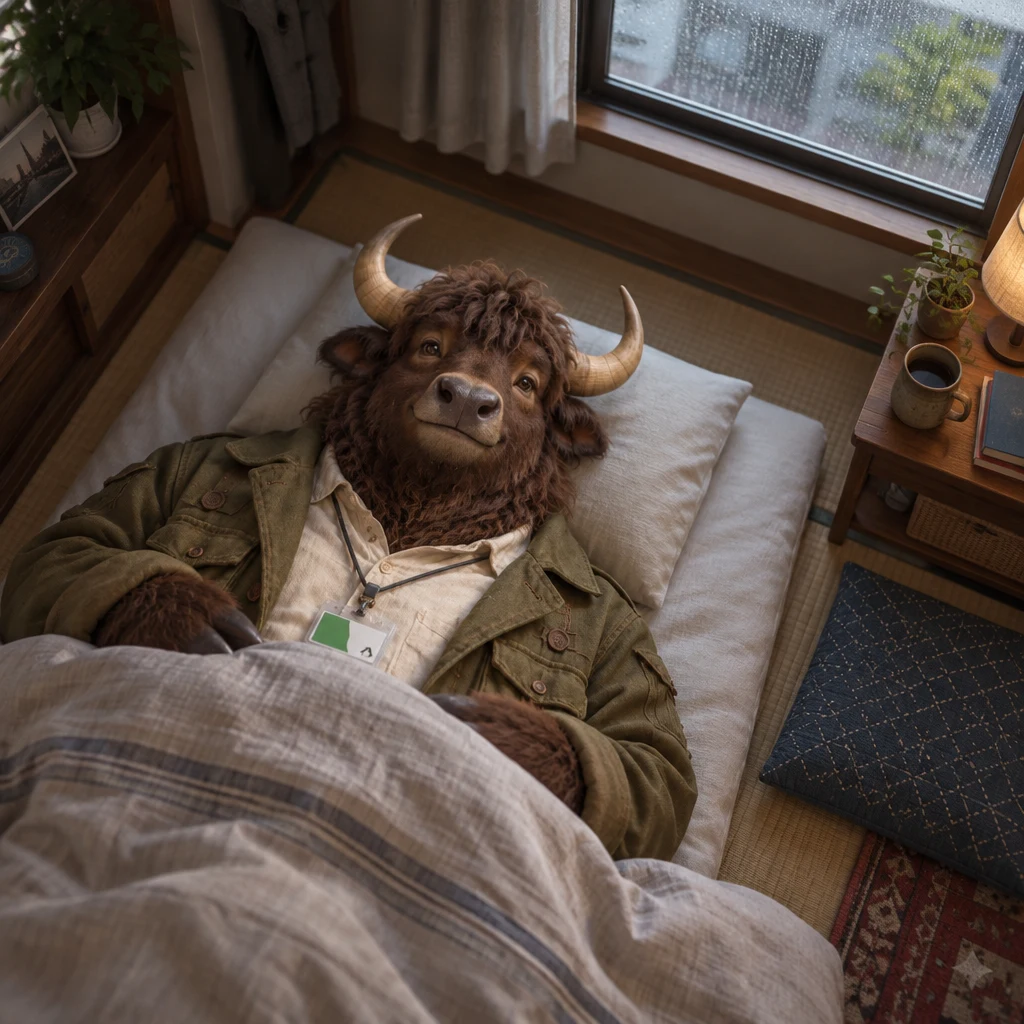 Goro rests in bed on a dim, rainy morning instead of getting up early.