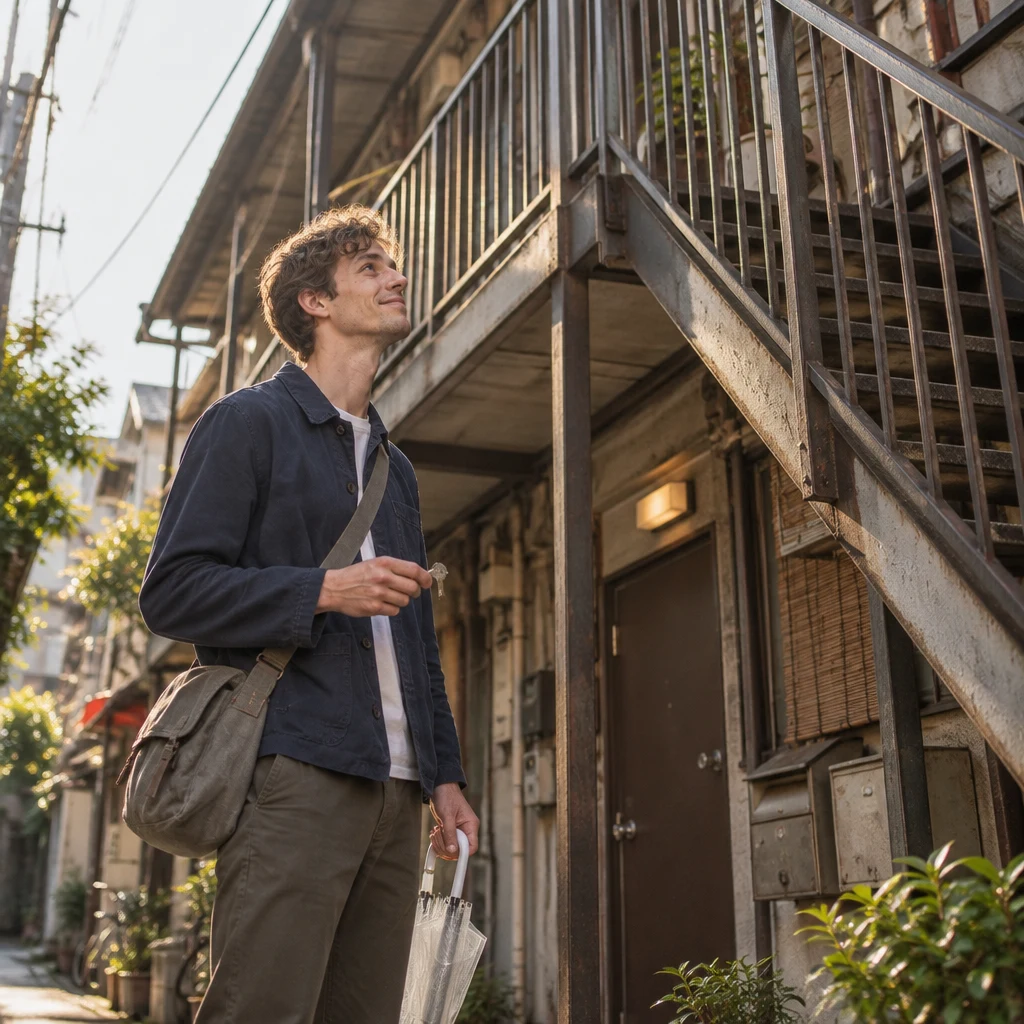 Leo stands at street level and looks up at the old apartment building where he rents a room.