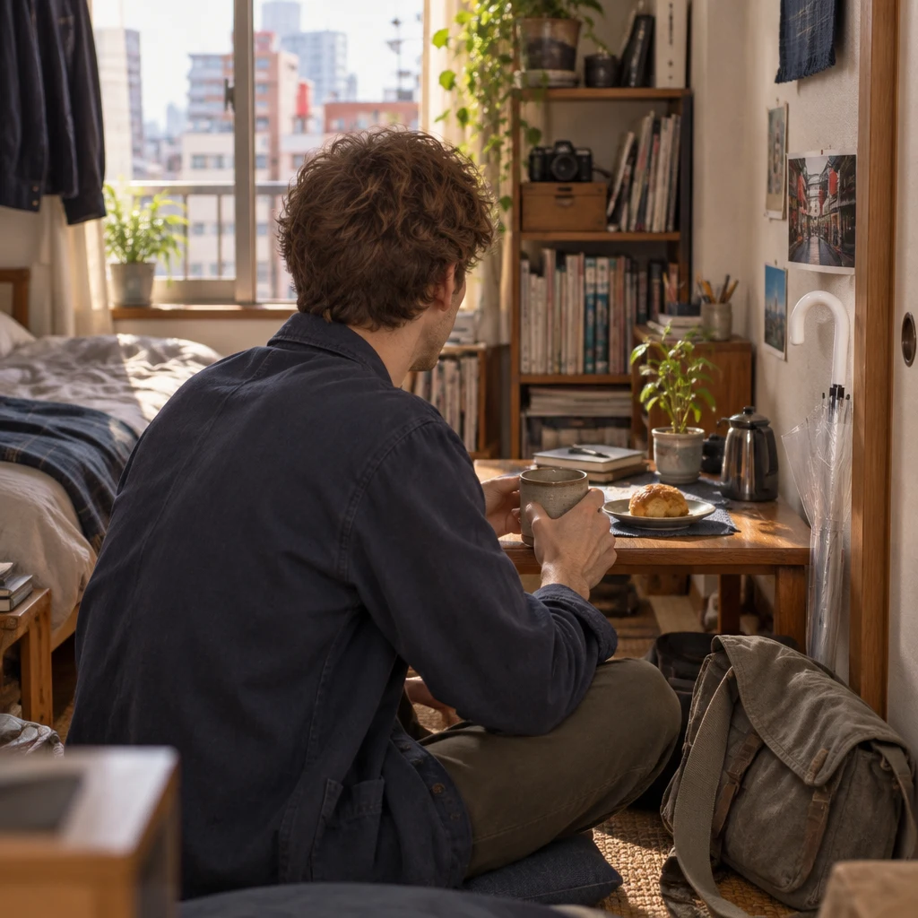 Leo sits in his small apartment room, where the low table leaves little open space.