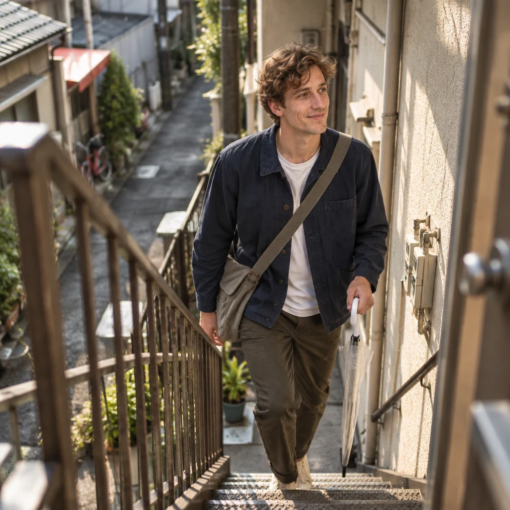 Leo climbs the outdoor metal stairs of the old apartment building, as Masako glimpsed earlier that morning.