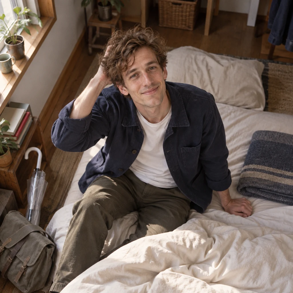 Leo sits up from his futon in the morning.