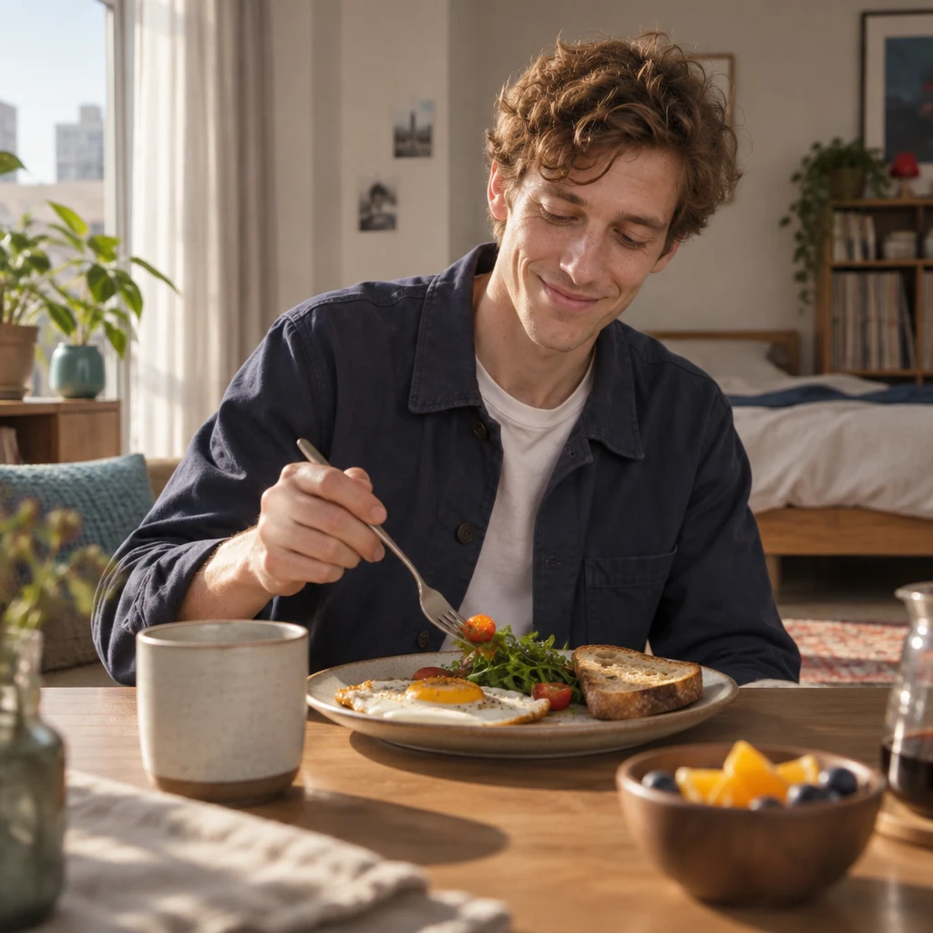 Leo eats breakfast at a low table in his apartment.