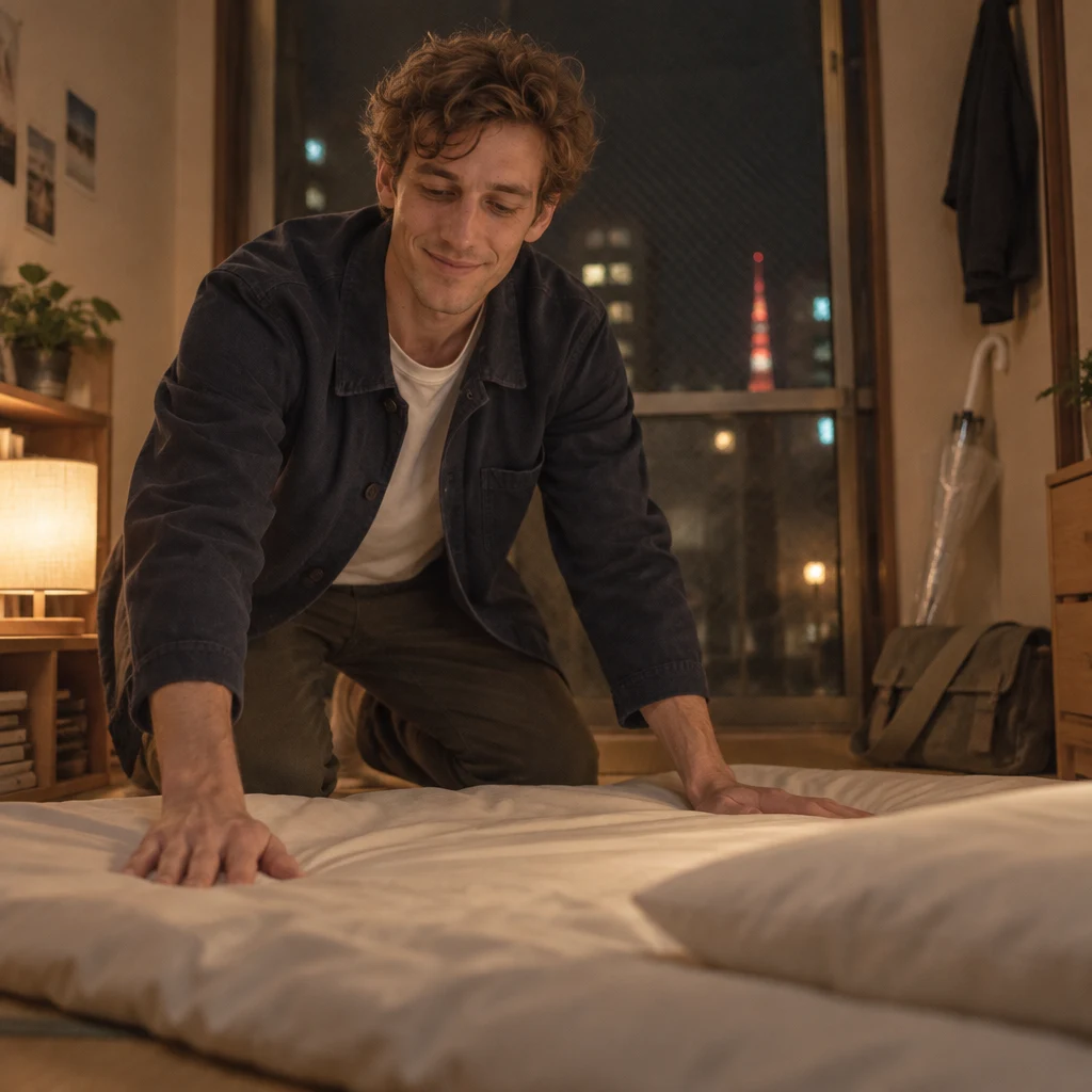 Leo smooths his futon before bed in his apartment at night.