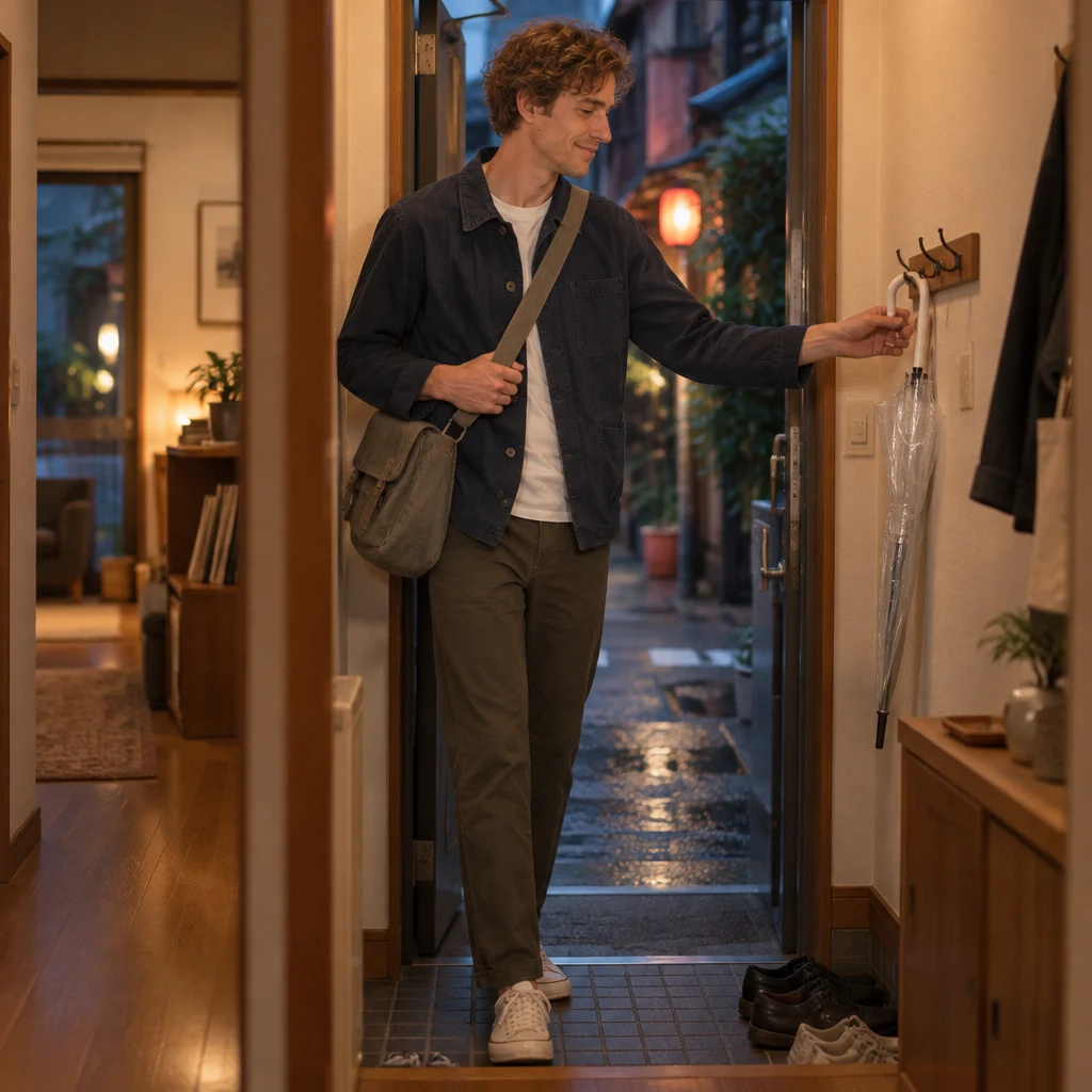 Leo arrives home in the evening and hangs his clear umbrella in the genkan.