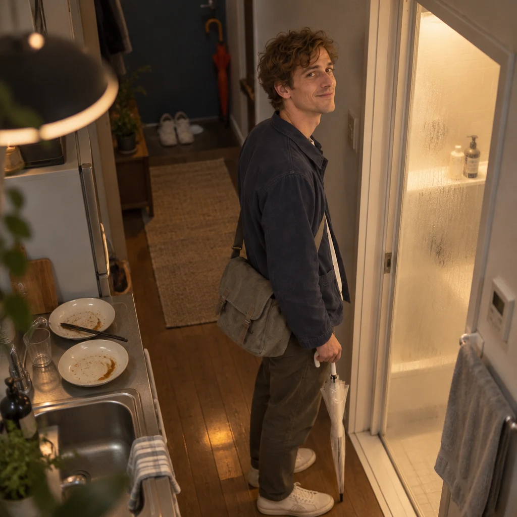After dinner, Leo stands at the bathroom doorway before taking a shower.