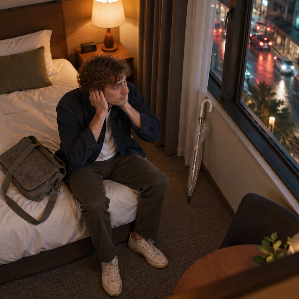Leo reacts to the traffic noise while sitting on the hotel bed.