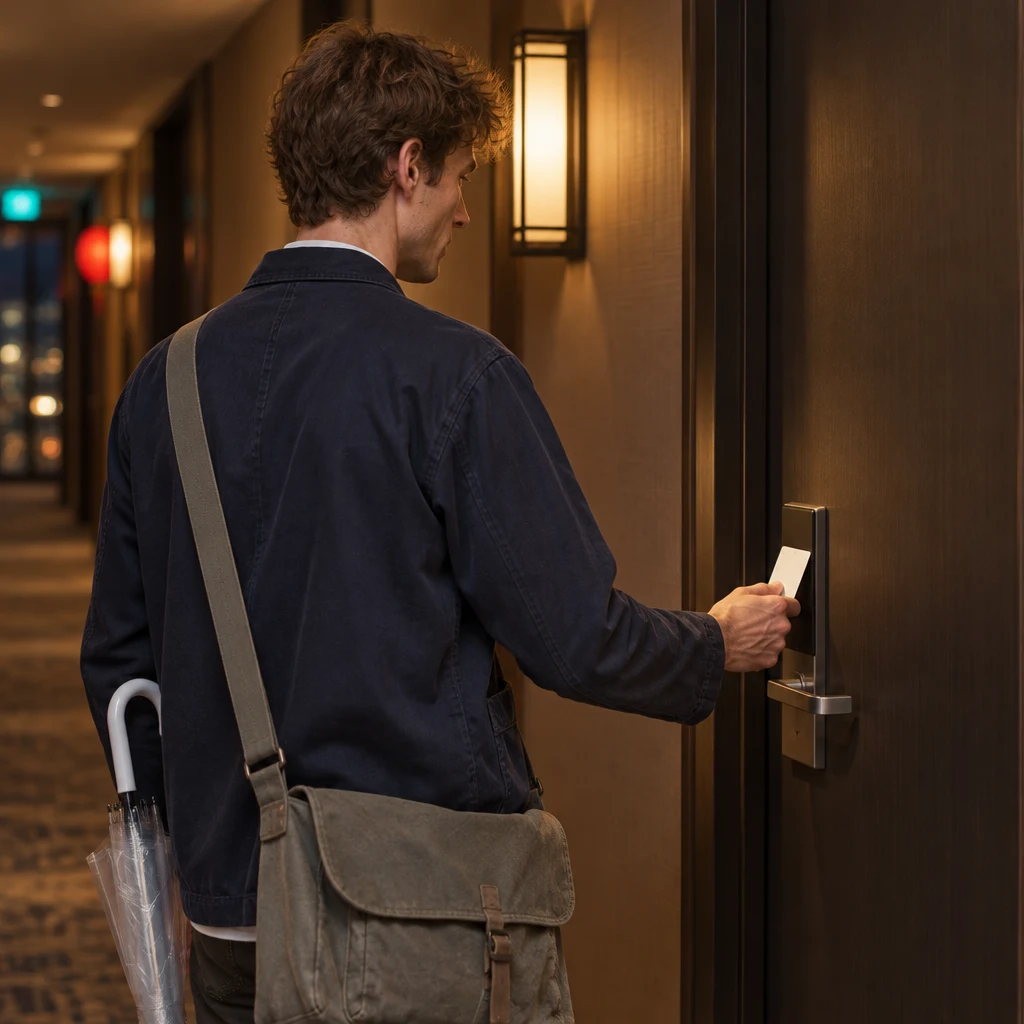 Leo tries his key card at the room lock, but the door stays closed.