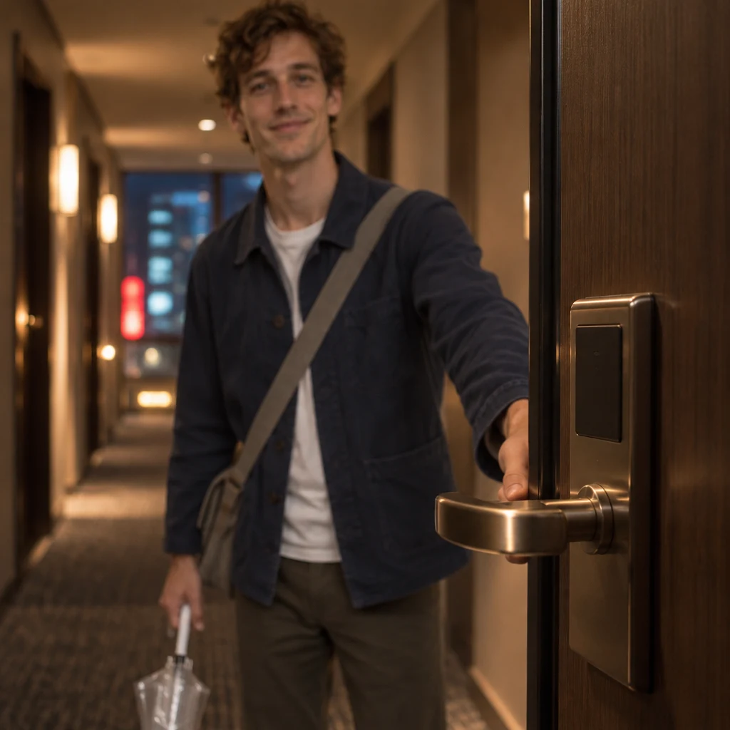 The closed room door and handle frame Leo waiting outside.