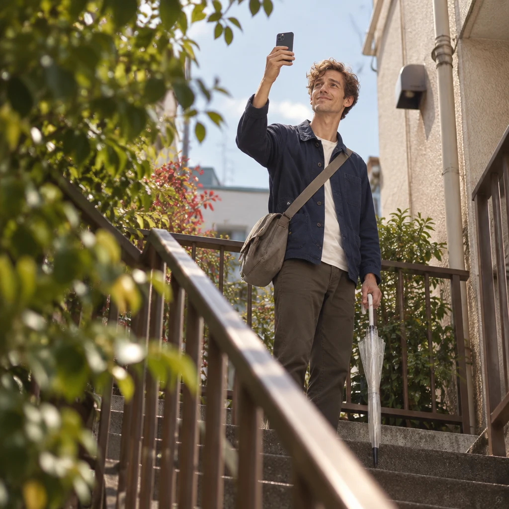 Leo lifts his phone away from his ear and searches for a stronger signal among the landing plants.