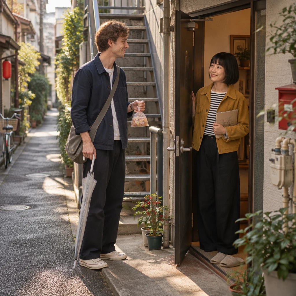 Leo waits at Haruka’s open apartment door with a bag of sweets while indoor slippers sit just inside.