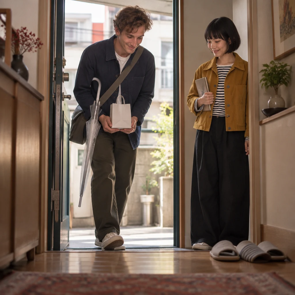 Leo bows as he steps through the doorway, holding the sweets bag while slippers wait nearby.
