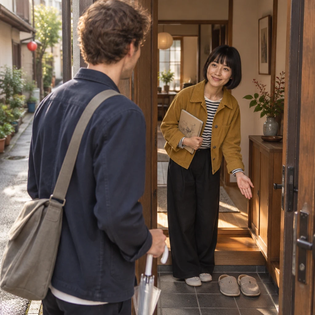 Haruka gestures toward the indoor slippers as she welcomes Leo inside.