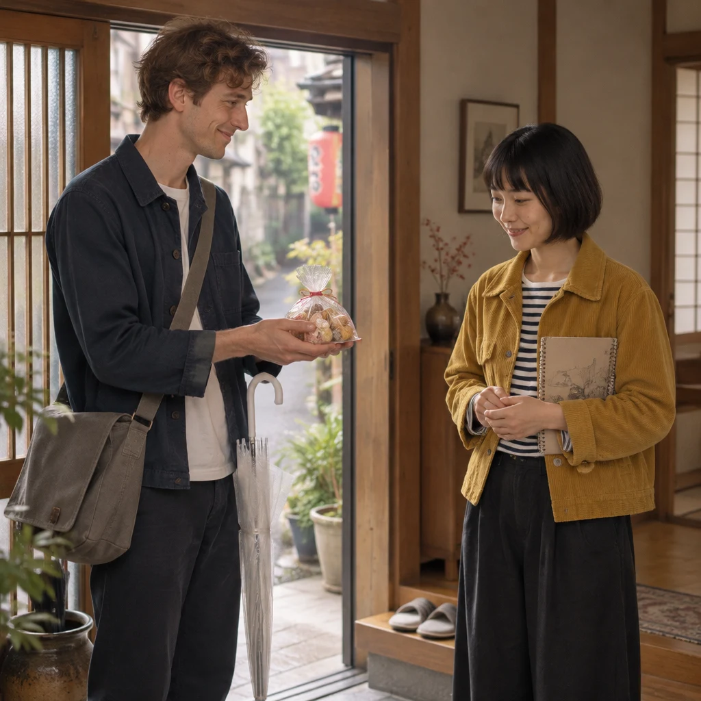 Leo offers the sweets to Haruka while she looks at the gift.