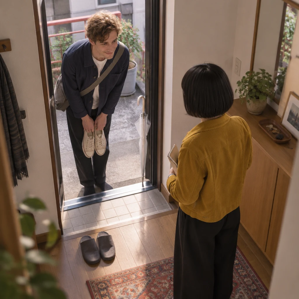 Leo bows at the doorway with his shoes in his hands as he thanks Haruka for the visit.