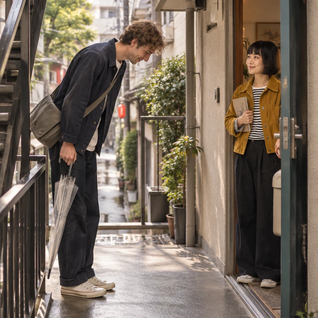 Leo turns back from the outdoor stair landing to bow to Haruka at the open door.