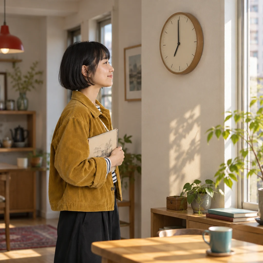 Haruka checks the apartment wall clock, whose hands point to seven in the morning.