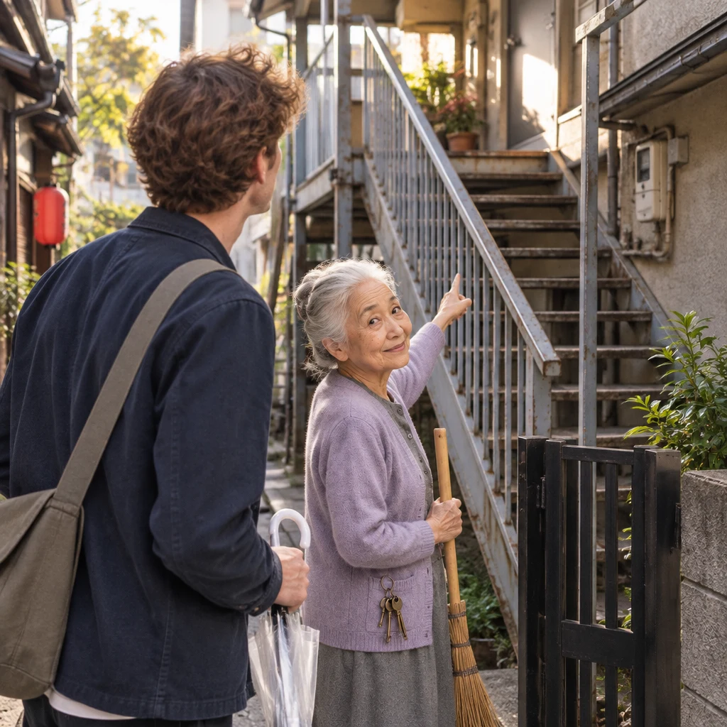 Ono-san points up the outside staircase toward the upper landing.