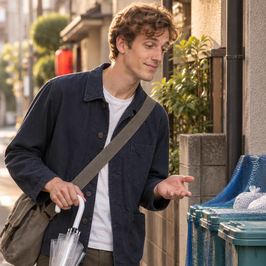 Leo looks toward the rubbish bins with a questioning expression.