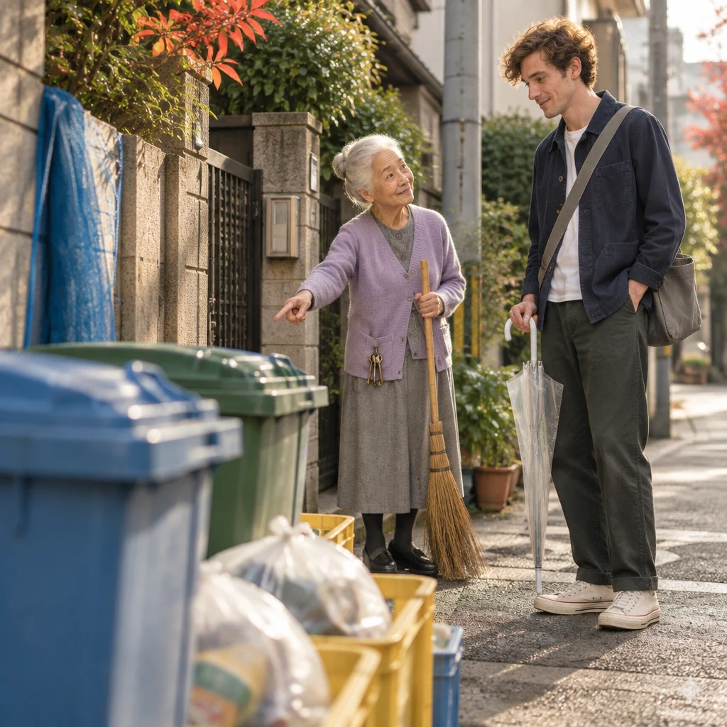Ono-san points toward the rubbish bins at the collection corner.