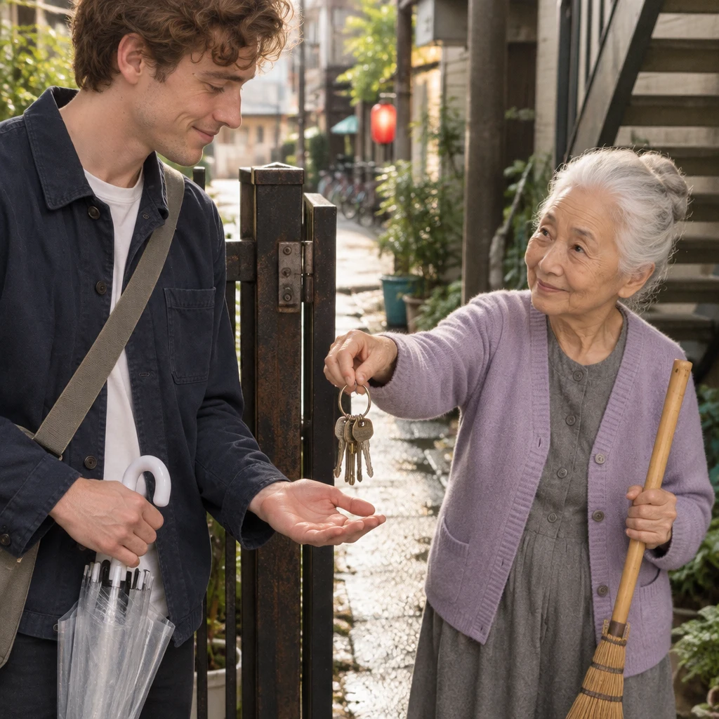 Ono-san holds the apartment keys out toward Leo beside the gate.