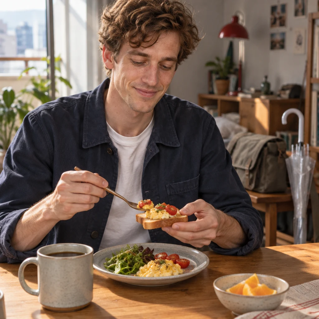 Leo eats breakfast at his small apartment table in the morning.