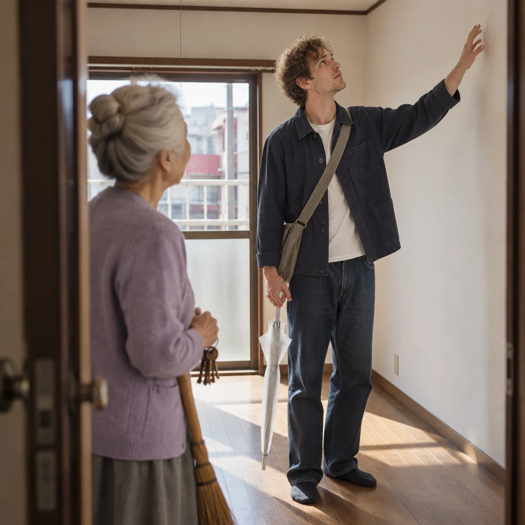 Leo looks along the bare wall for an air conditioner while Ono-san stands by the doorway.