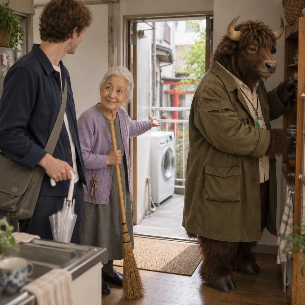 Leo asks where the washing machine is as Ono-san points toward the outside landing and Goro approaches the cupboard.
